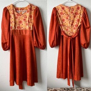 Handmade burnt orange retro dress w waist tie & puff sleeves & floral print